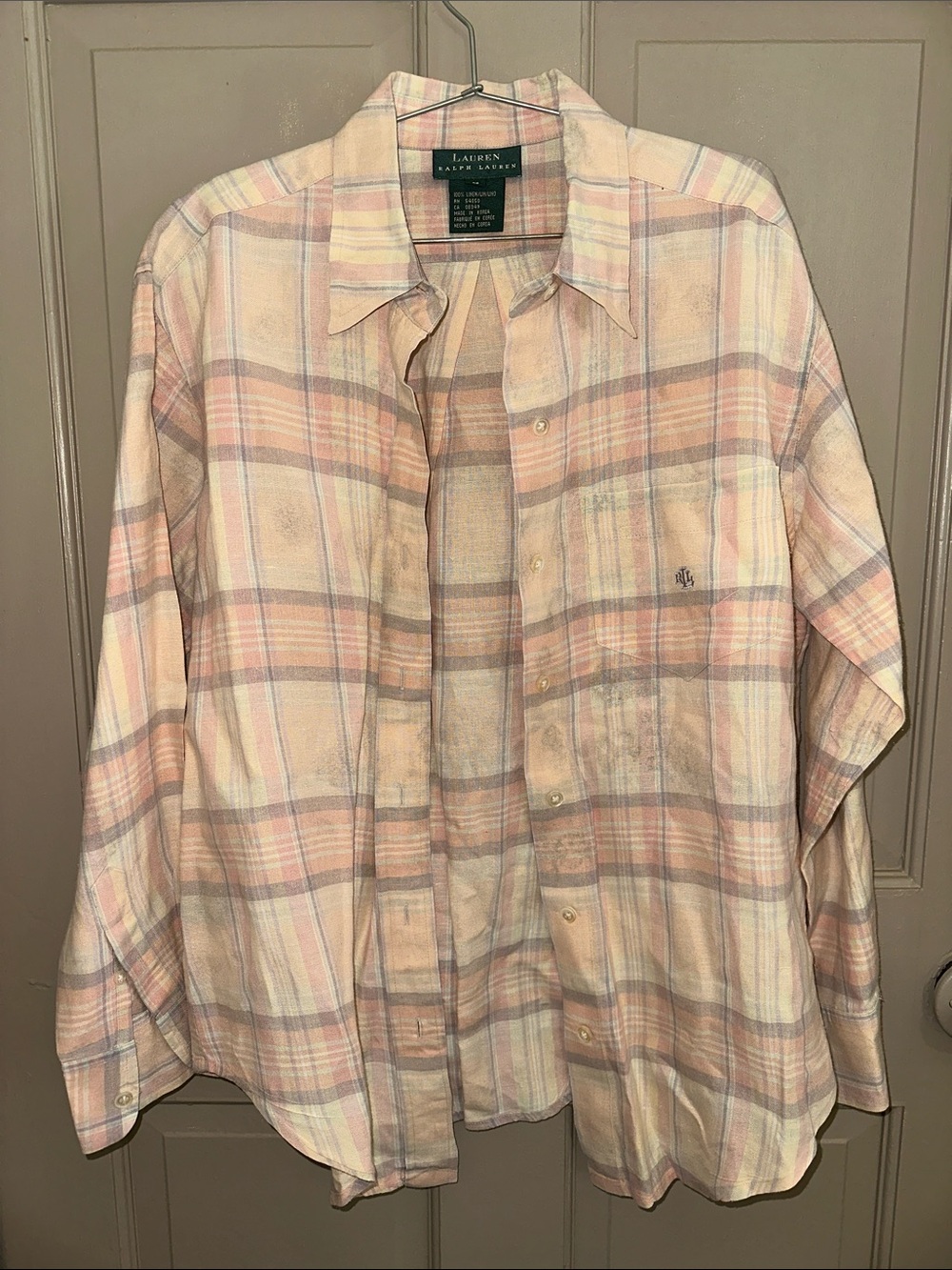 Lauren Ralph Lauren Distressed Pink Plaid 100% Linen Shirt Jacket Size M